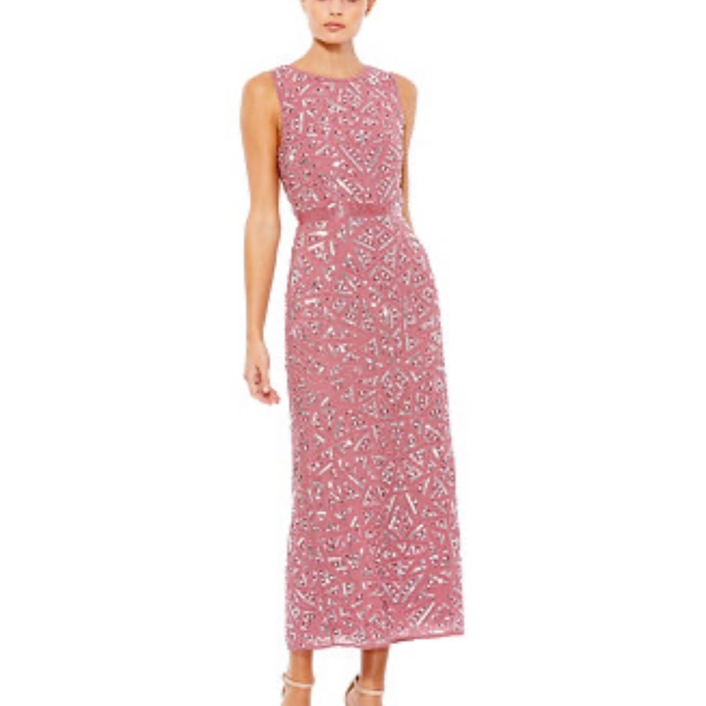 Mac Duggal Pink Sequin Patterned Midi Dress